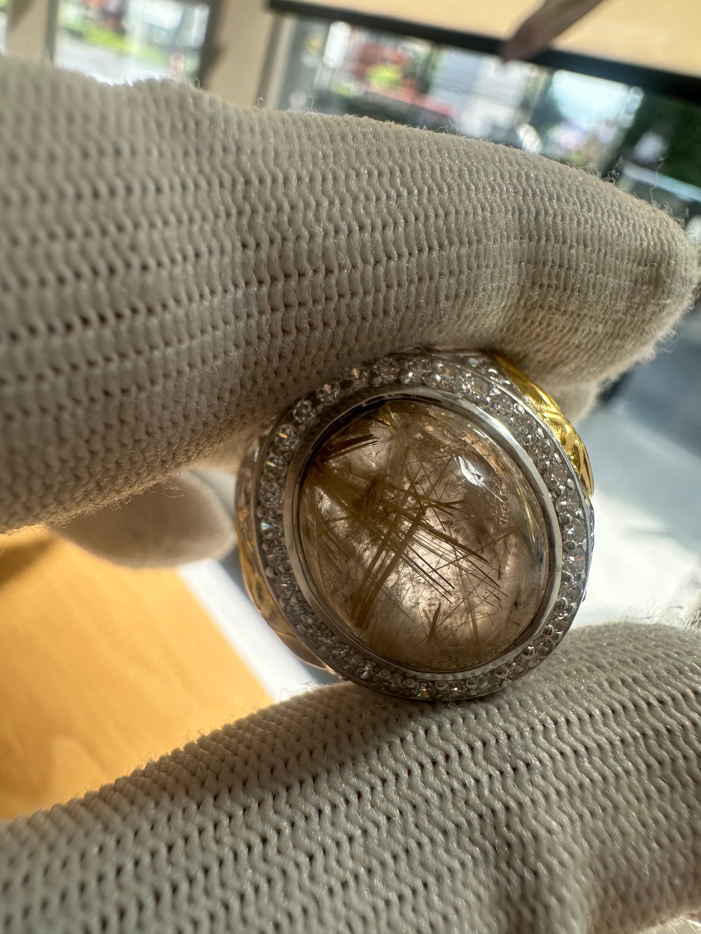 925 Silver Gold-Plated Ring with Saudi Flag Motif, Golden Rutile Quartz Center Stone & Cubic Zirconia Accents