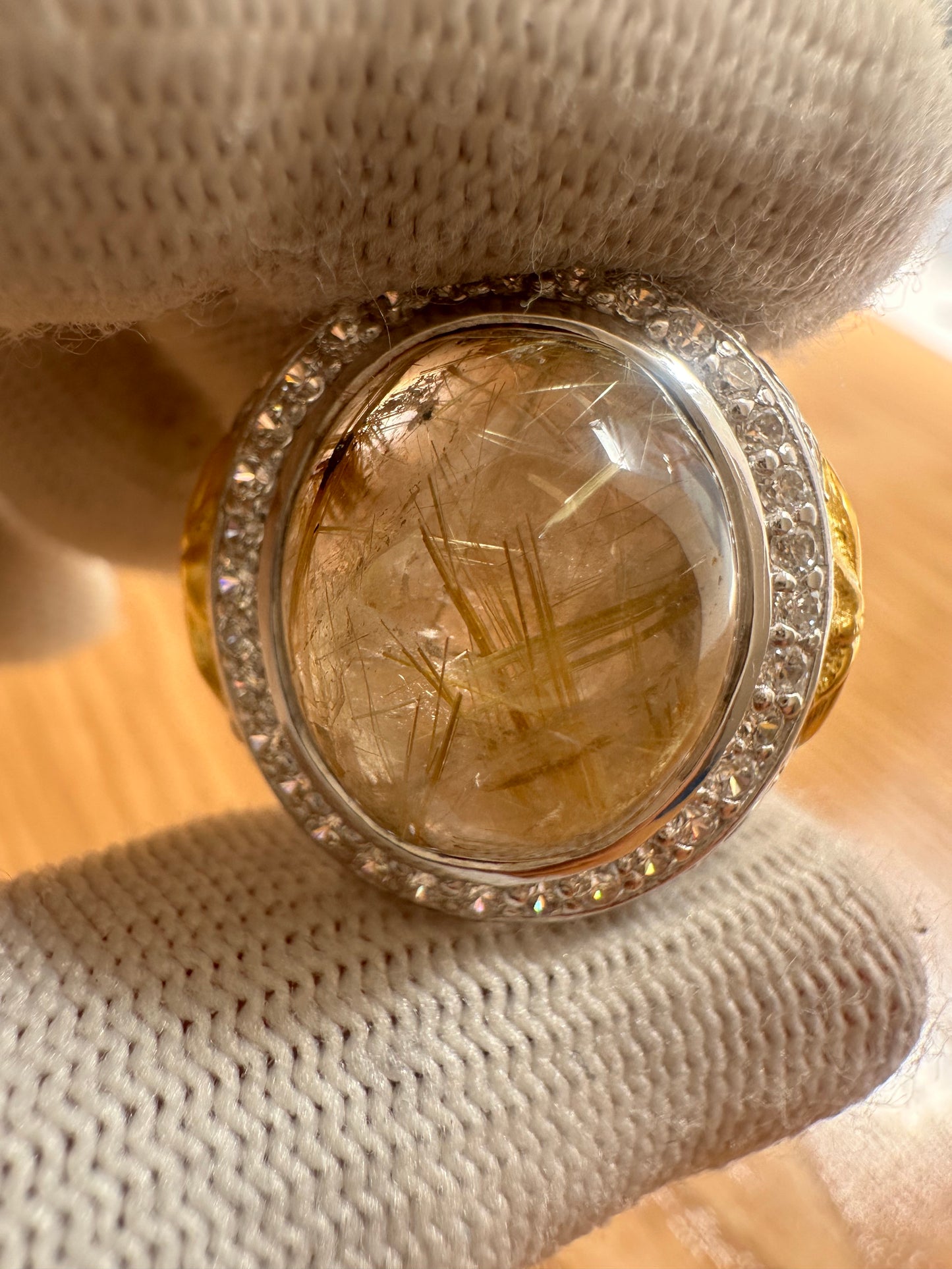 925 Silver Gold-Plated Ring with Saudi Flag Motif, Golden Rutile Quartz Center Stone & Cubic Zirconia Accents