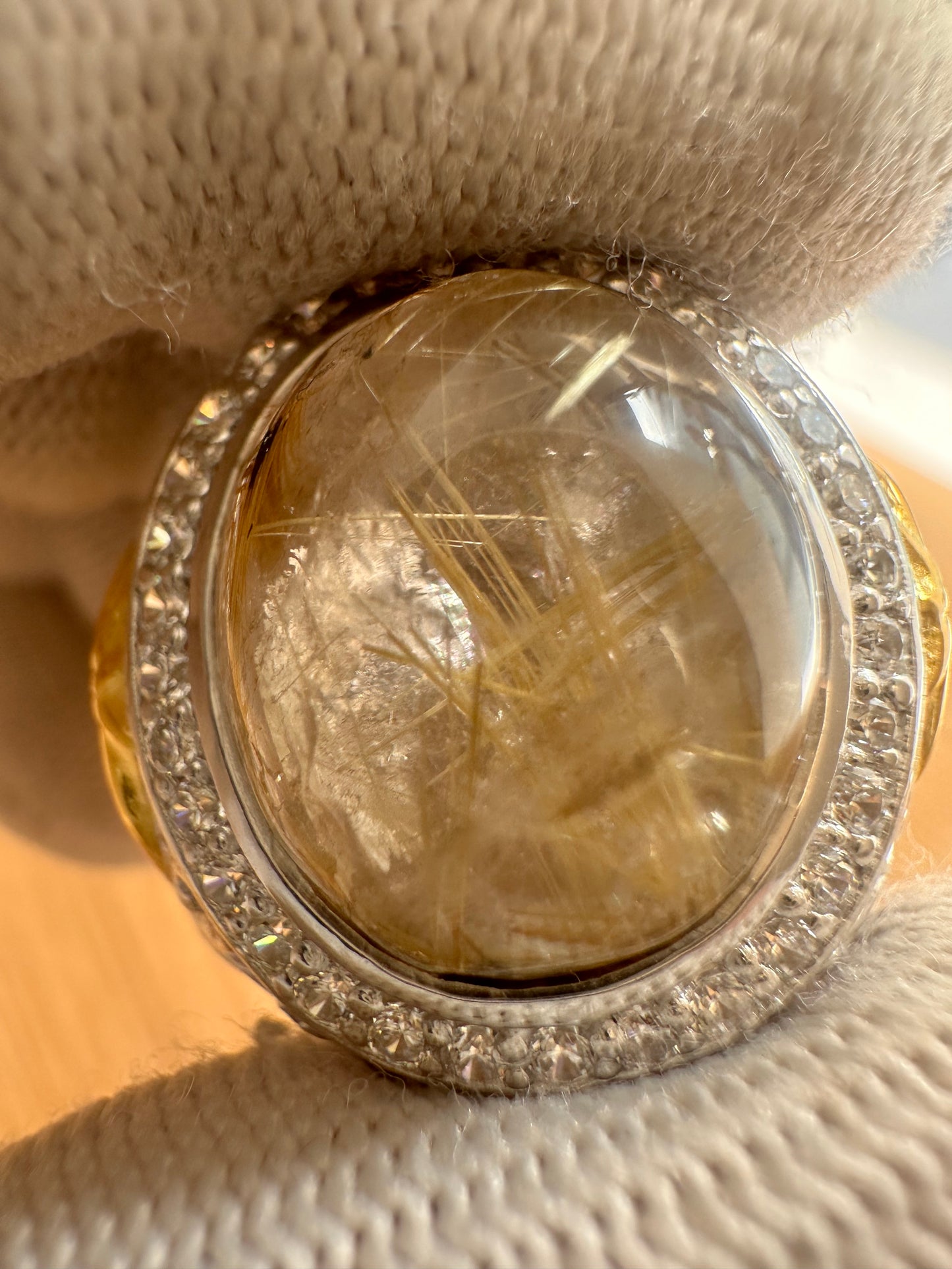 925 Silver Gold-Plated Ring with Saudi Flag Motif, Golden Rutile Quartz Center Stone & Cubic Zirconia Accents