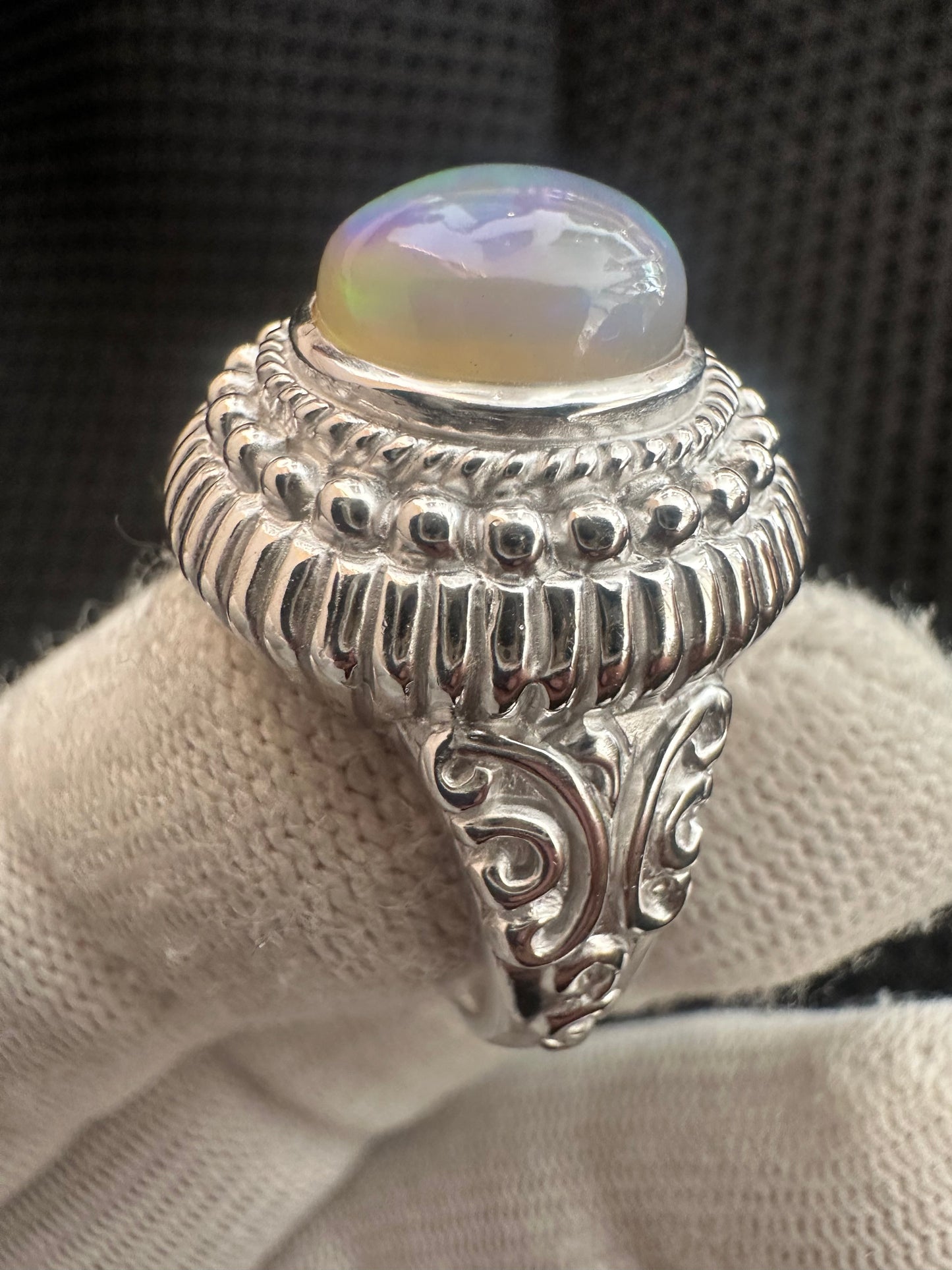 Men's 925 Silver Ring with Welo Ethiopian Opal - Rhodium-Plated Elegance