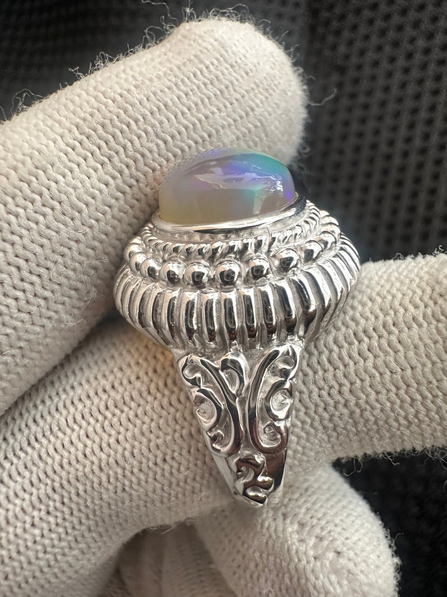 Men's 925 Silver Ring with Welo Ethiopian Opal - Rhodium-Plated Elegance