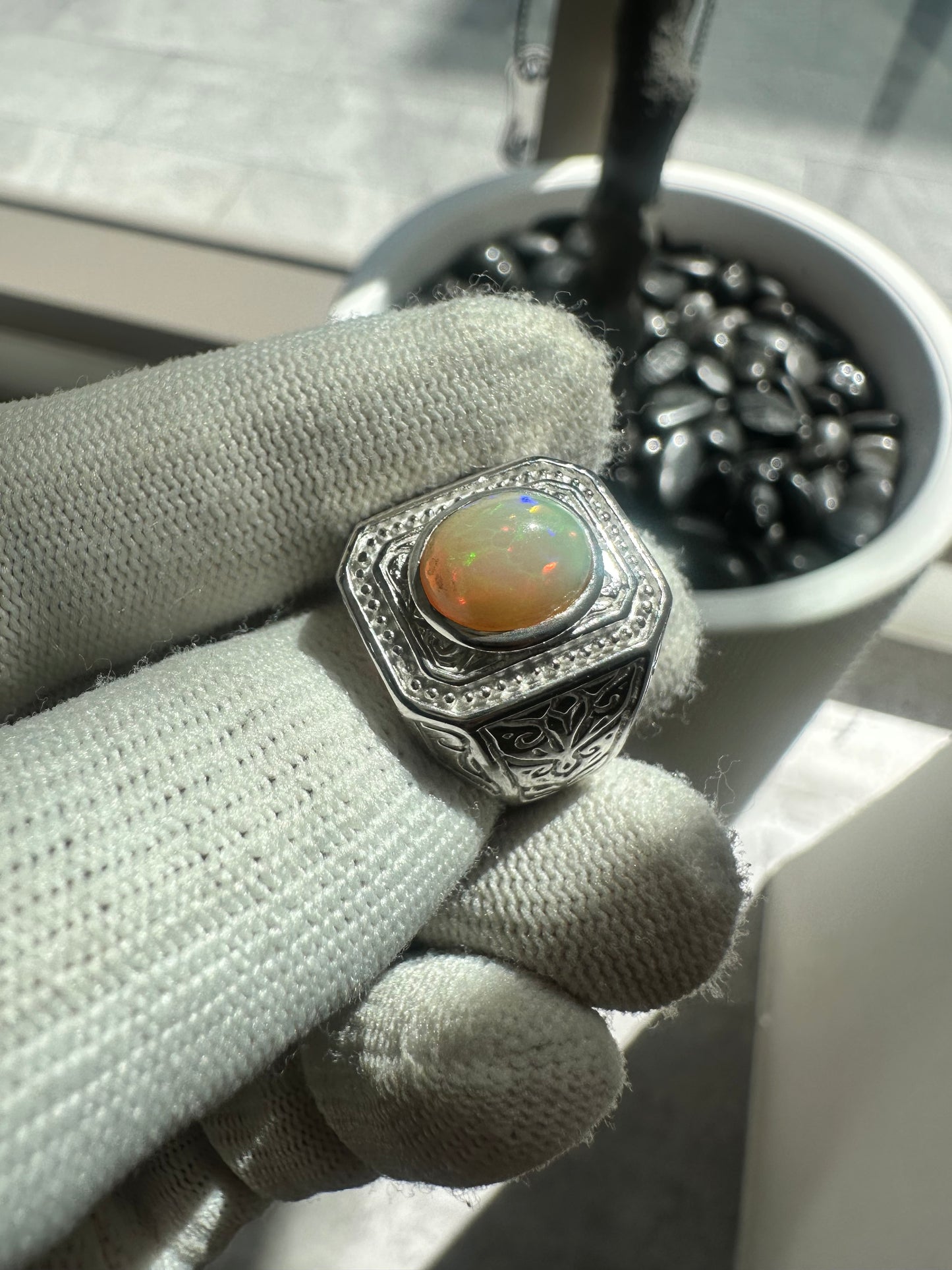 Men's 925 Silver Ring with Welo Ethiopian Opal Rhodium-Plated Elegance