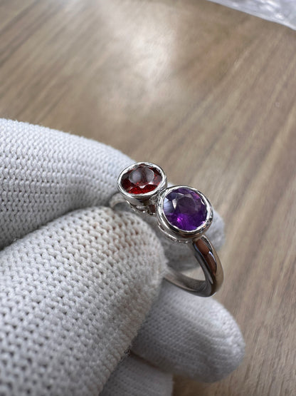 925 Sterling Silver Amethyst and Garnet Duo Ring for Women – Elegant Birthstone Statement Jewellery