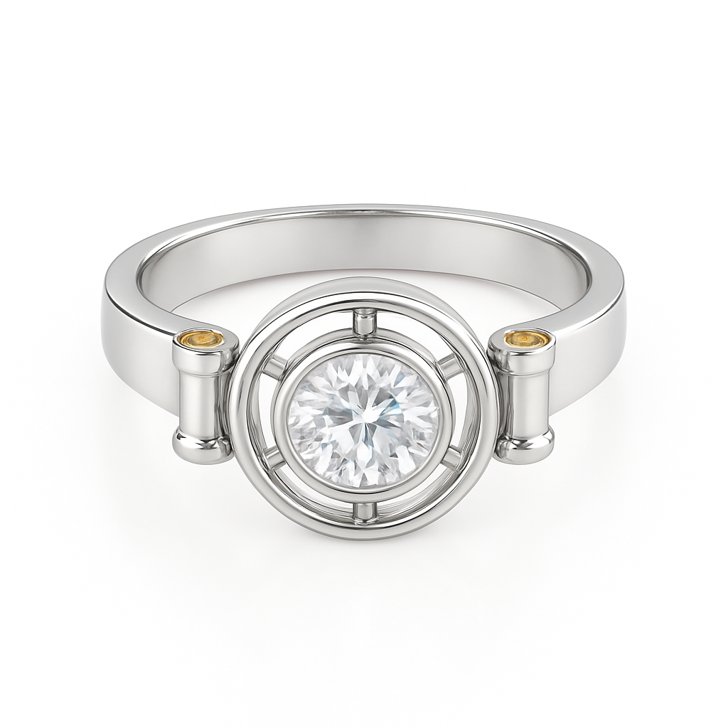 Elegant D Color Moissanite Ring with GRA Certificate, featuring a brilliant center stone complemented by vibrant yellow sapphire accent gems, set in polished 925 sterling silver – a luxurious and ethically sourced diamond alternative.