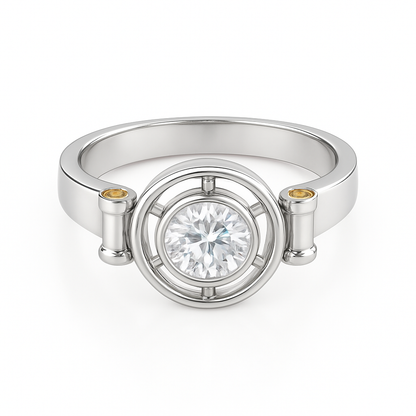 Elegant D Color Moissanite Ring with GRA Certificate, featuring a brilliant center stone complemented by vibrant yellow sapphire accent gems, set in polished 925 sterling silver – a luxurious and ethically sourced diamond alternative.