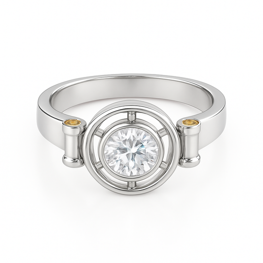 Elegant D Color Moissanite Ring with GRA Certificate, featuring a brilliant center stone complemented by vibrant yellow sapphire accent gems, set in polished 925 sterling silver – a luxurious and ethically sourced diamond alternative.