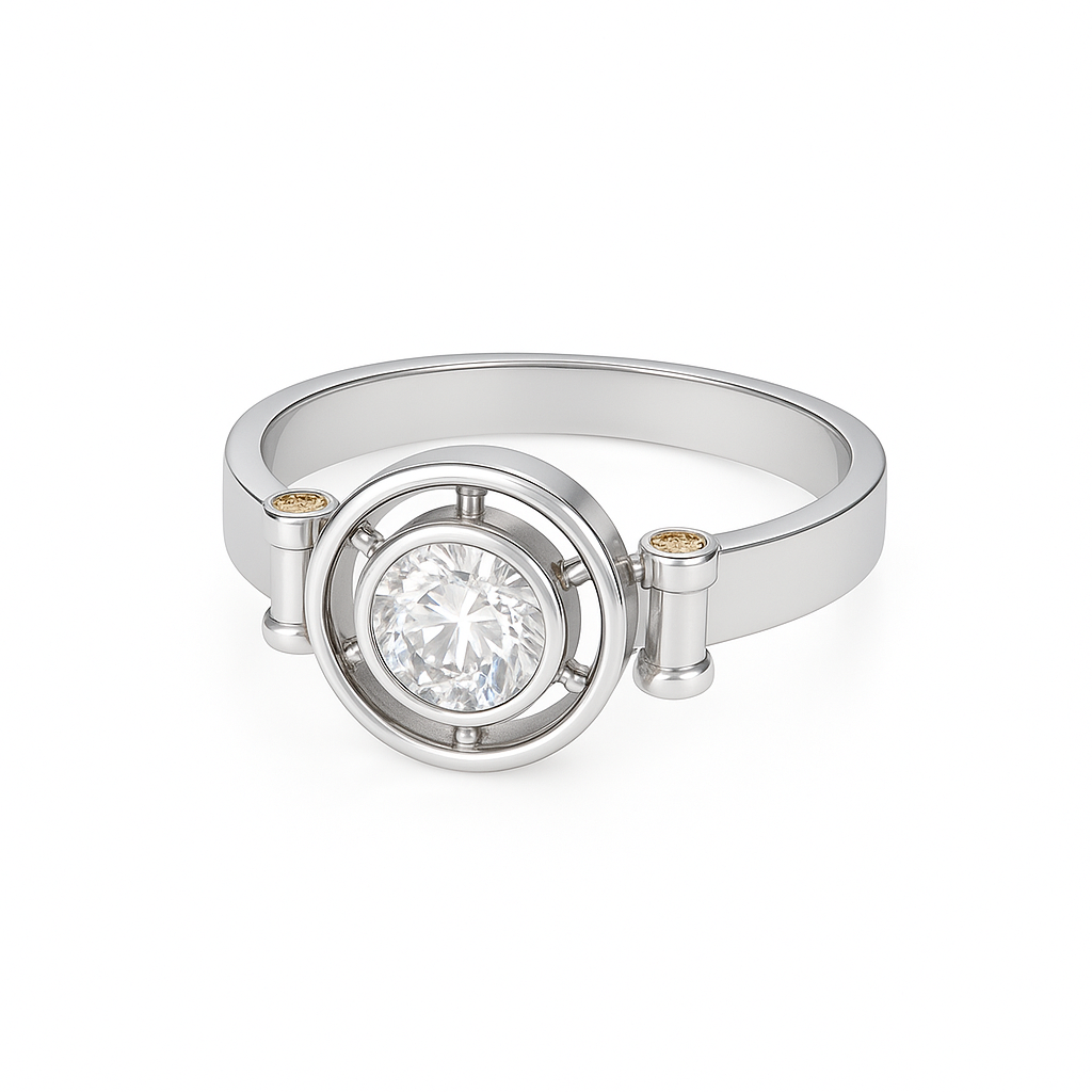 Elegant D Color Moissanite Ring with GRA Certificate, featuring a brilliant center stone complemented by vibrant yellow sapphire accent gems, set in polished 925 sterling silver – a luxurious and ethically sourced diamond alternative.