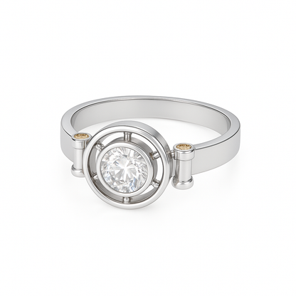 Elegant D Color Moissanite Ring with GRA Certificate, featuring a brilliant center stone complemented by vibrant yellow sapphire accent gems, set in polished 925 sterling silver – a luxurious and ethically sourced diamond alternative.