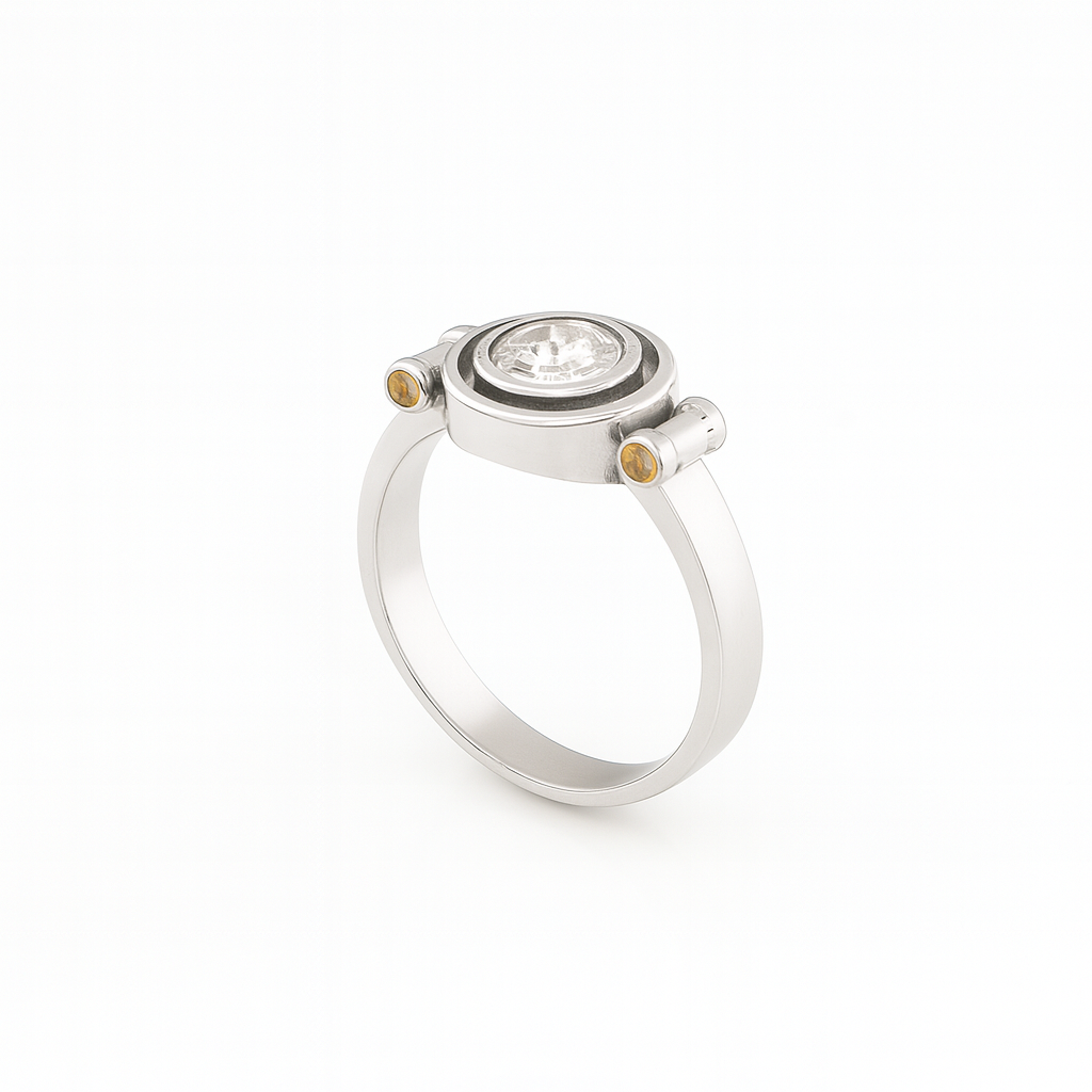 Elegant D Color Moissanite Ring with GRA Certificate, featuring a brilliant center stone complemented by vibrant yellow sapphire accent gems, set in polished 925 sterling silver – a luxurious and ethically sourced diamond alternative.