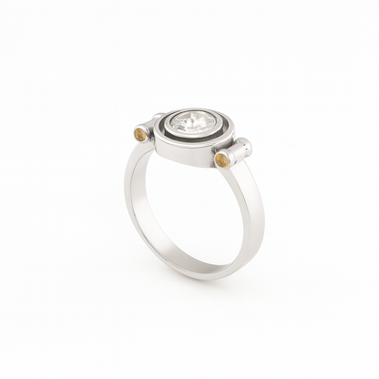 Elegant D Color Moissanite Ring with GRA Certificate, featuring a brilliant center stone complemented by vibrant yellow sapphire accent gems, set in polished 925 sterling silver – a luxurious and ethically sourced diamond alternative.