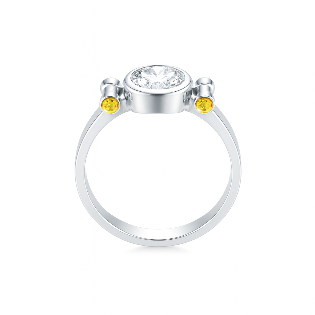 Elegant D Color Moissanite Ring with GRA Certificate, featuring a brilliant center stone complemented by vibrant yellow sapphire accent gems, set in polished 925 sterling silver – a luxurious and ethically sourced diamond alternative.