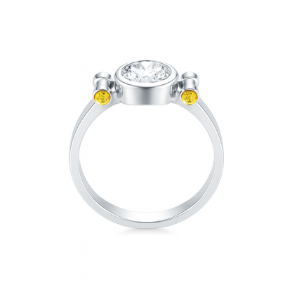 Elegant D Color Moissanite Ring with GRA Certificate, featuring a brilliant center stone complemented by vibrant yellow sapphire accent gems, set in polished 925 sterling silver – a luxurious and ethically sourced diamond alternative.