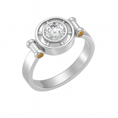 Elegant D Color Moissanite Ring with GRA Certificate, featuring a brilliant center stone complemented by vibrant yellow sapphire accent gems, set in polished 925 sterling silver – a luxurious and ethically sourced diamond alternative.