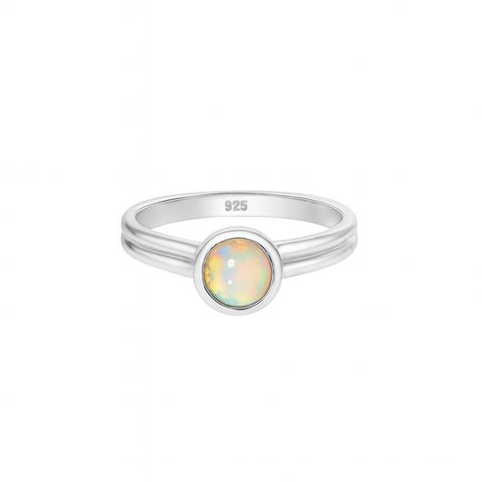 Ethiopian Opal women’s ring showcasing full fire and vibrant rainbow play-of-color, set in elegant sterling silver. October birthstone jewelry symbolizing hope, creativity, and emotional balance — perfect gift for her on any occasion.