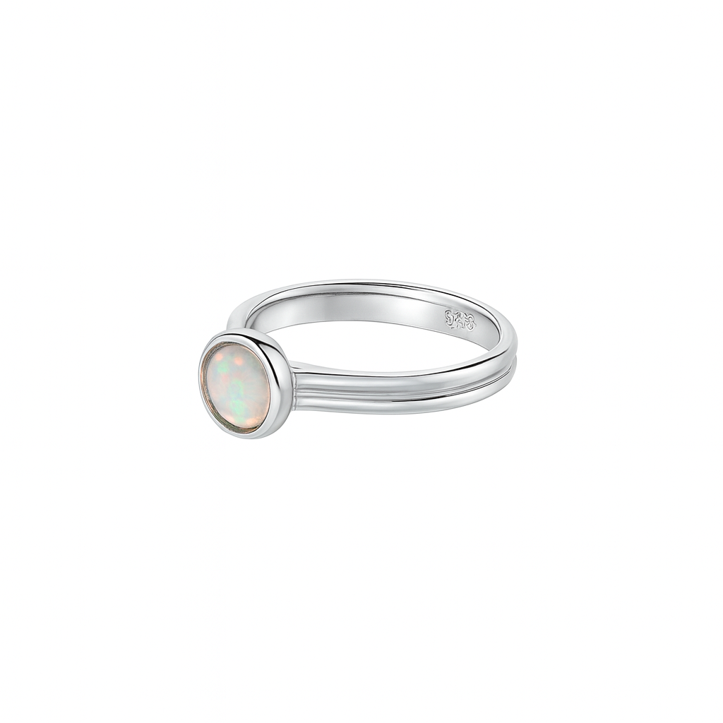 Ethiopian Opal women’s ring showcasing full fire and vibrant rainbow play-of-color, set in elegant sterling silver. October birthstone jewelry symbolizing hope, creativity, and emotional balance — perfect gift for her on any occasion.