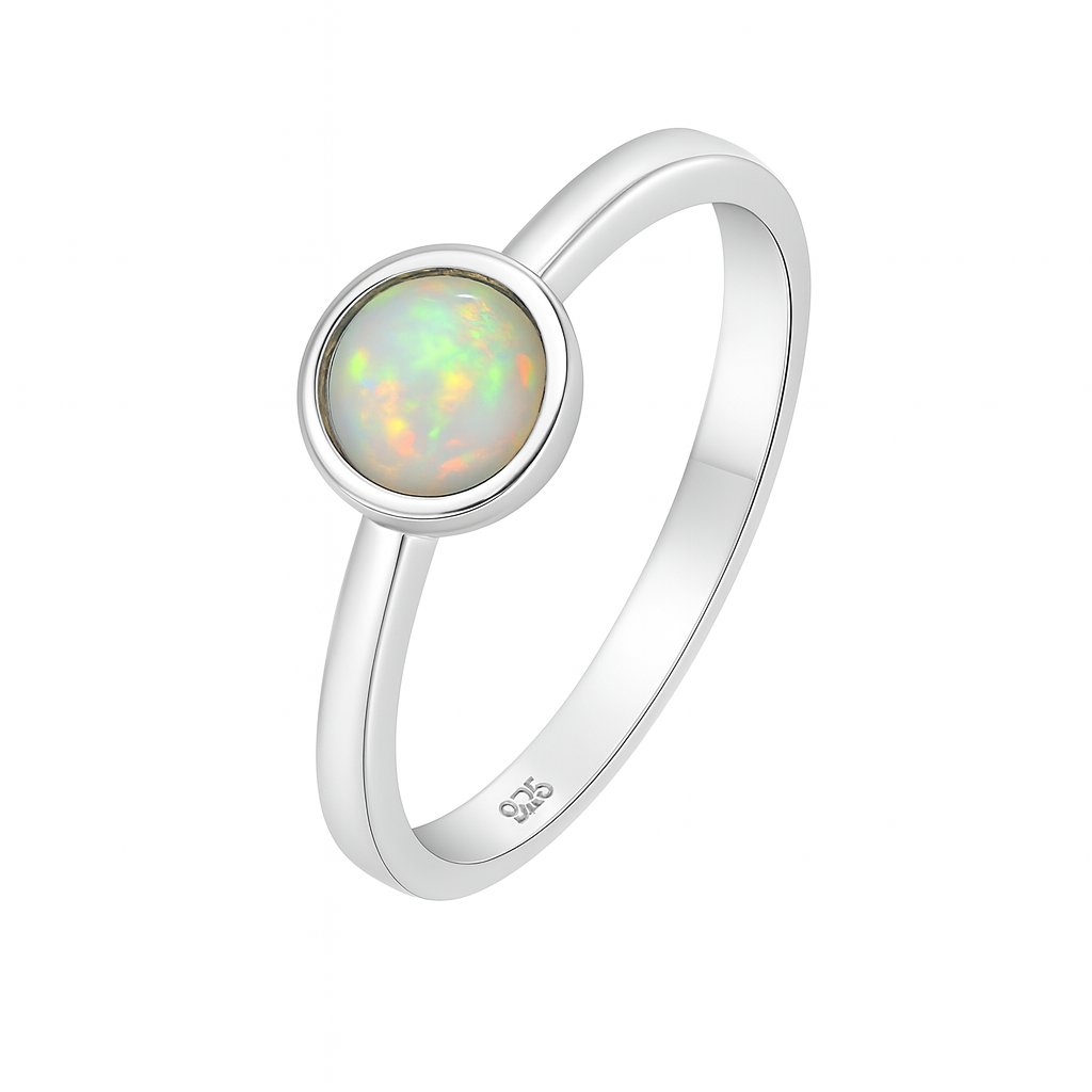 Ethiopian Opal women’s ring showcasing full fire and vibrant rainbow play-of-color, set in elegant sterling silver. October birthstone jewelry symbolizing hope, creativity, and emotional balance — perfect gift for her on any occasion.