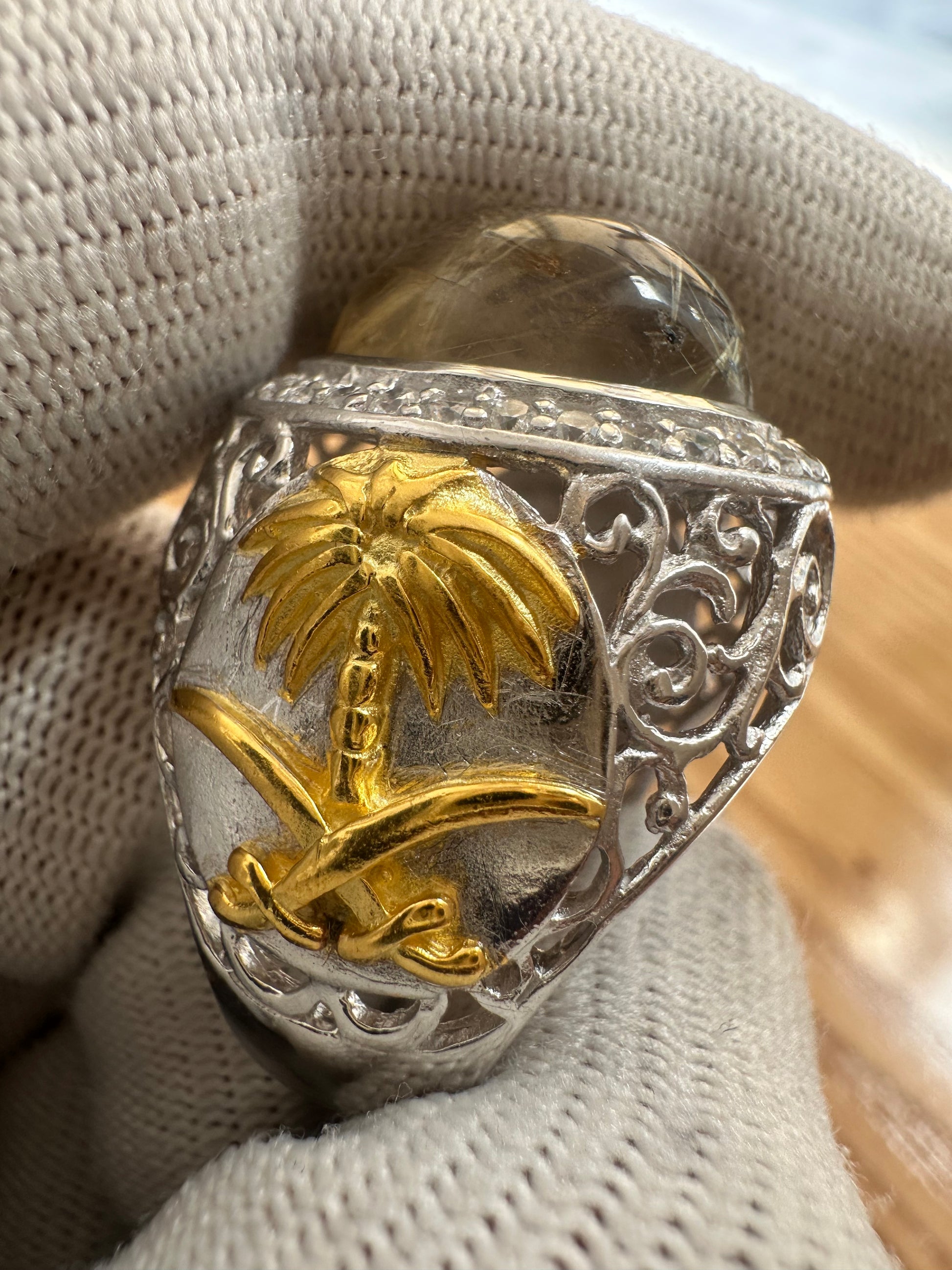 925 Silver Gold-Plated Ring with Saudi Flag Motif, Golden Rutile Quartz Center Stone & Cubic Zirconia Accents