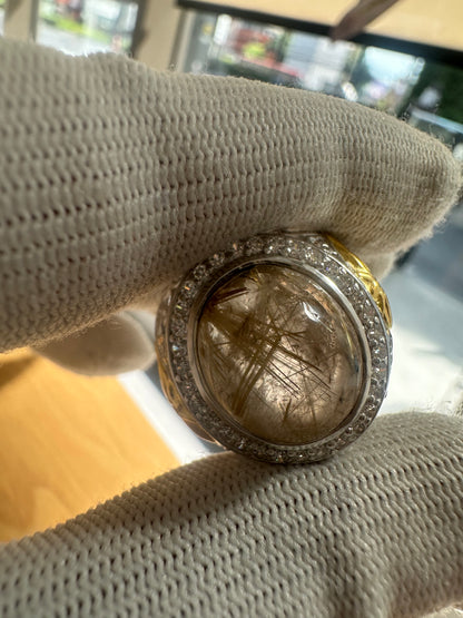 925 Silver Gold-Plated Ring with Saudi Flag Motif, Golden Rutile Quartz Center Stone & Cubic Zirconia Accents