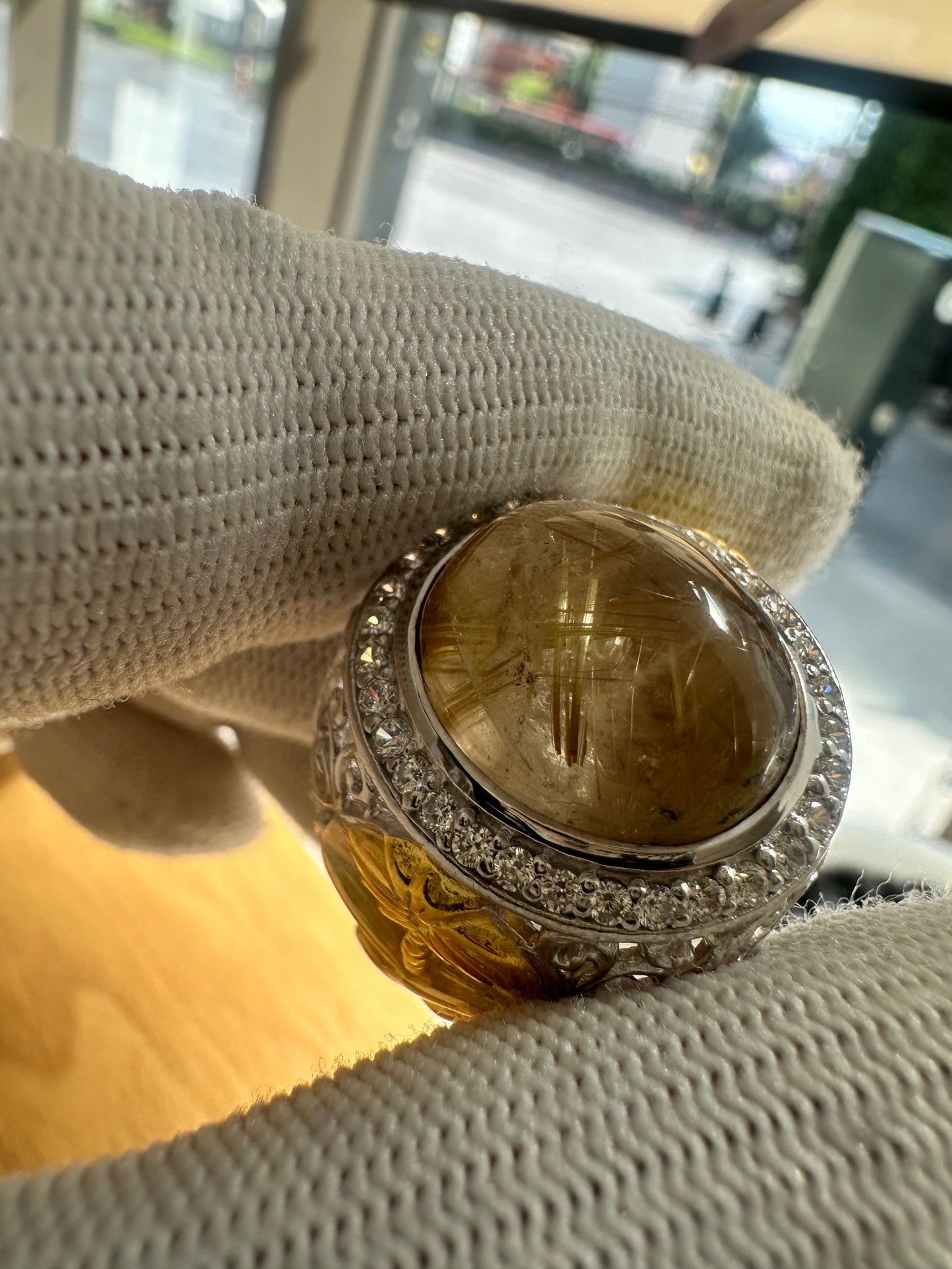 925 Silver Gold-Plated Ring with Saudi Flag Motif, Golden Rutile Quartz Center Stone & Cubic Zirconia Accents