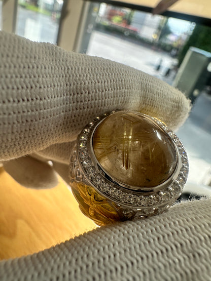 925 Silver Gold-Plated Ring with Saudi Flag Motif, Golden Rutile Quartz Center Stone & Cubic Zirconia Accents