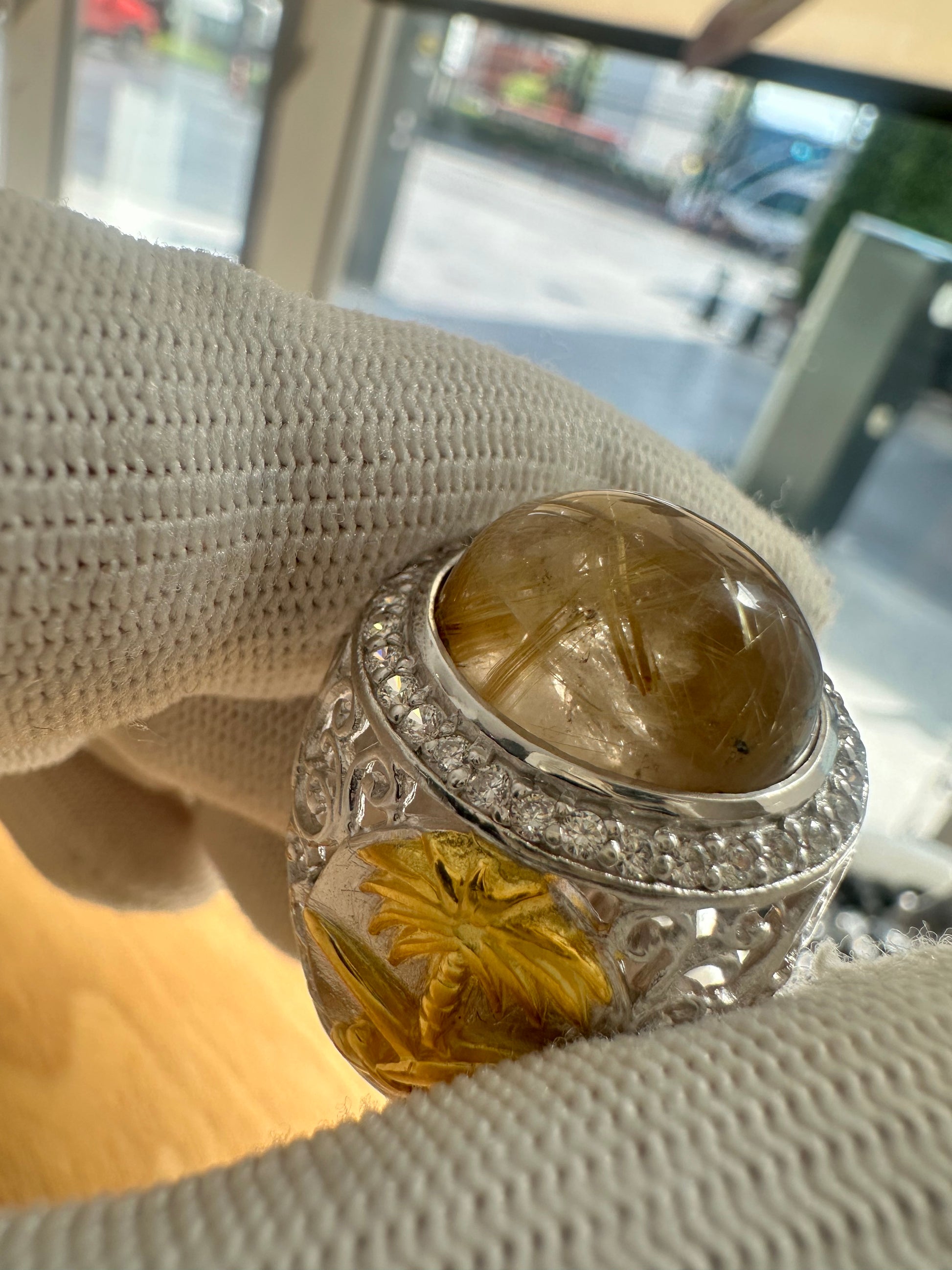 925 Silver Gold-Plated Ring with Saudi Flag Motif, Golden Rutile Quartz Center Stone & Cubic Zirconia Accents
