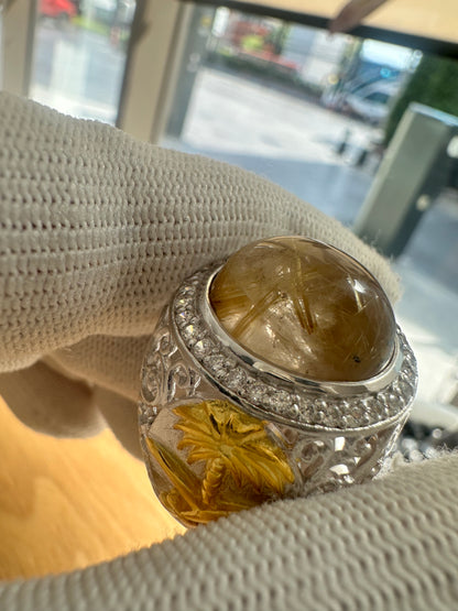 925 Silver Gold-Plated Ring with Saudi Flag Motif, Golden Rutile Quartz Center Stone & Cubic Zirconia Accents