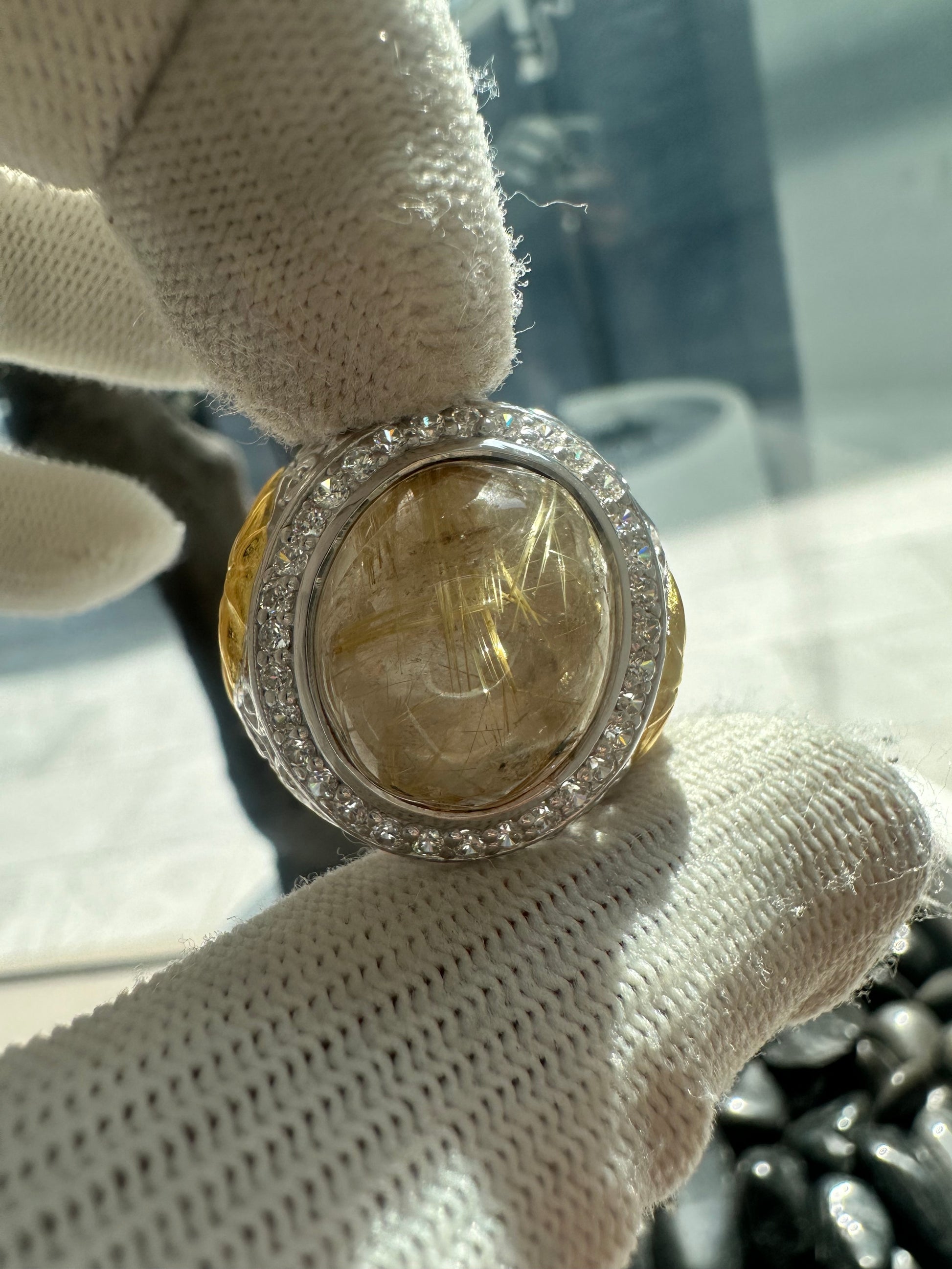 925 Silver Gold-Plated Ring with Saudi Flag Motif, Golden Rutile Quartz Center Stone & Cubic Zirconia Accents
