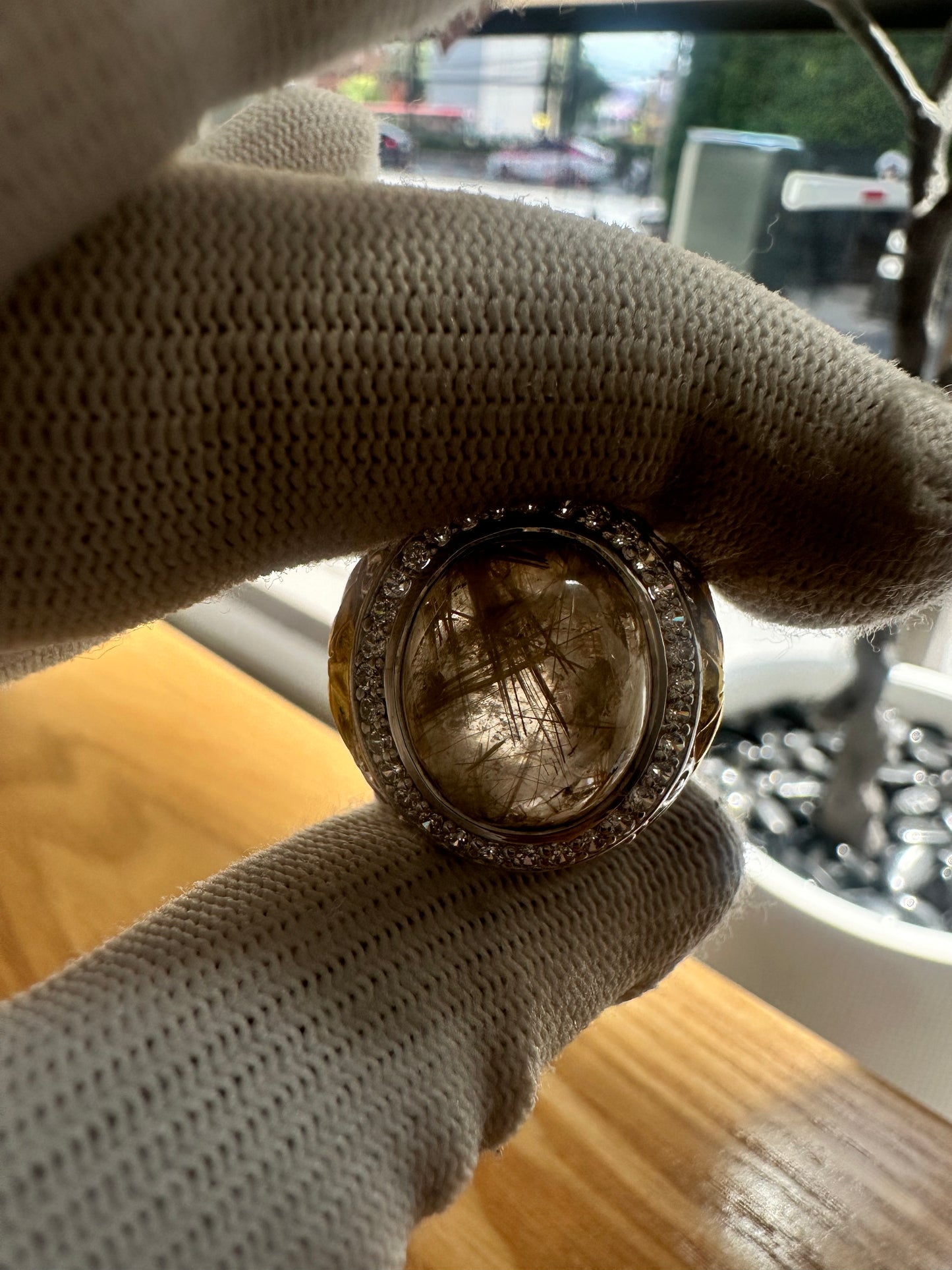 925 Silver Gold-Plated Ring with Saudi Flag Motif, Golden Rutile Quartz Center Stone & Cubic Zirconia Accents
