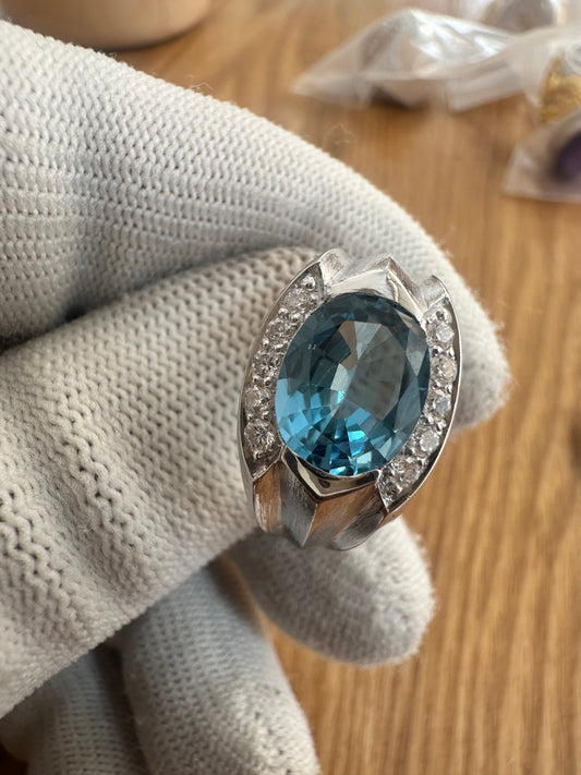 Men's 925 Silver Swiss Blue Topaz Ring with Cubic Zirconia Accent – November Birthstone