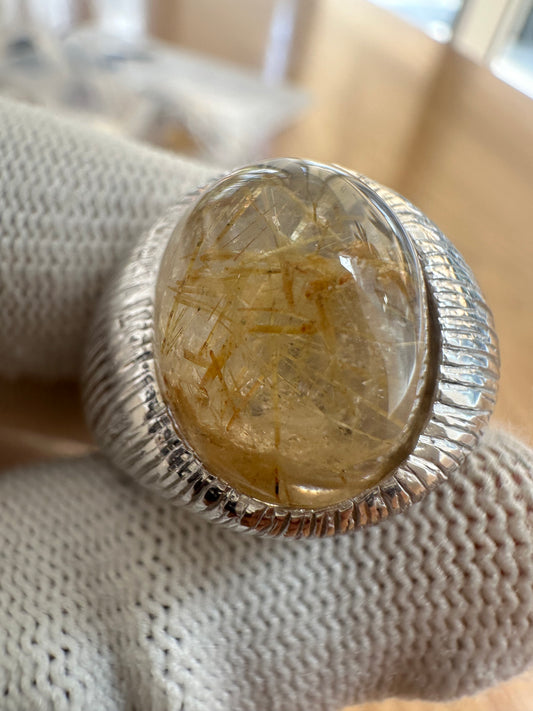 Men's 925 Silver Ring with Golden Rutile Quartz – Bold May Birthstone Jewelry 