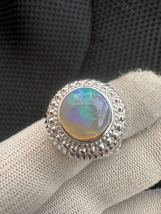 Men's 925 Silver Ring with Welo Ethiopian Opal - Rhodium-Plated Elegance