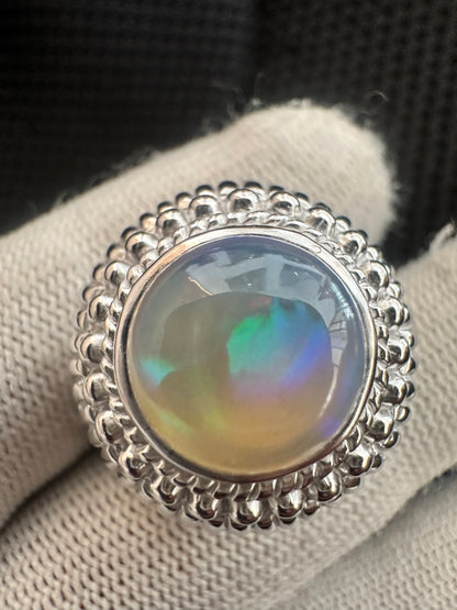 Men's 925 Silver Ring with Welo Ethiopian Opal - Rhodium-Plated Elegance