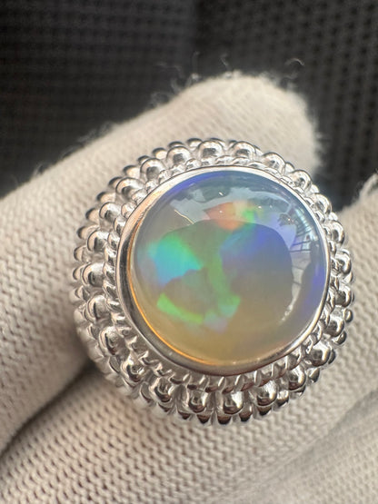 Men's 925 Silver Ring with Welo Ethiopian Opal - Rhodium-Plated Elegance