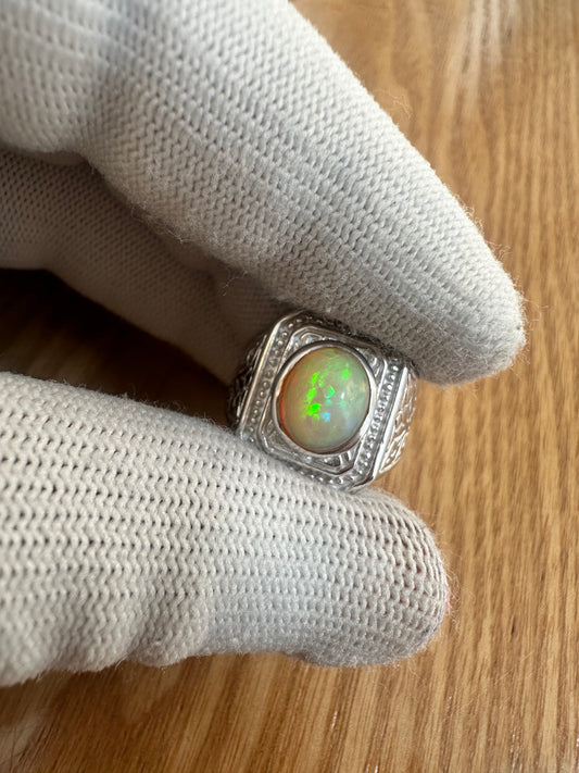 Men's 925 Silver Ring with Welo Ethiopian Opal  Rhodium-Plated Elegance