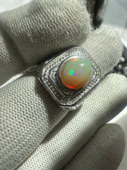 Men's 925 Silver Ring with Welo Ethiopian Opal  Rhodium-Plated Elegance