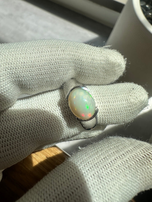 Men's 925 Silver Ring with Welo Ethiopian Opal - Rhodium-Plated Elegance