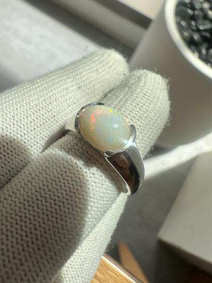 Men's 925 Silver Ring with Welo Ethiopian Opal - Rhodium-Plated Elegance