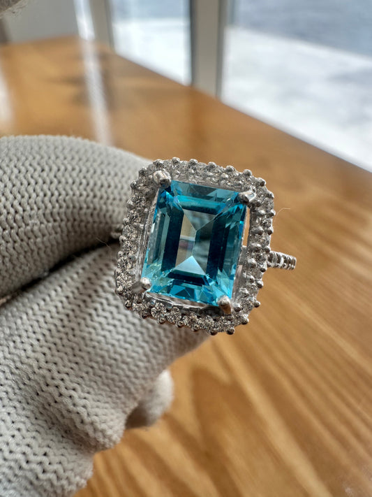 Women's 925 Silver Swiss Blue Topaz Ring with Cubic Zirconia Accent – November Birthstone, Symbolizing Clarity and Confidence