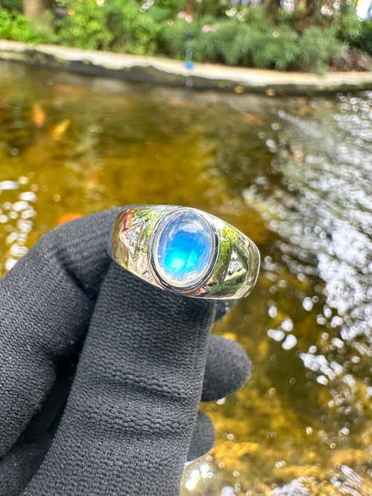Shop this Men’s Blue Sheen Moonstone Ring in S925 silver – elegant June birthstone jewelry, perfect gift for birthdays, anniversaries & special occasions.