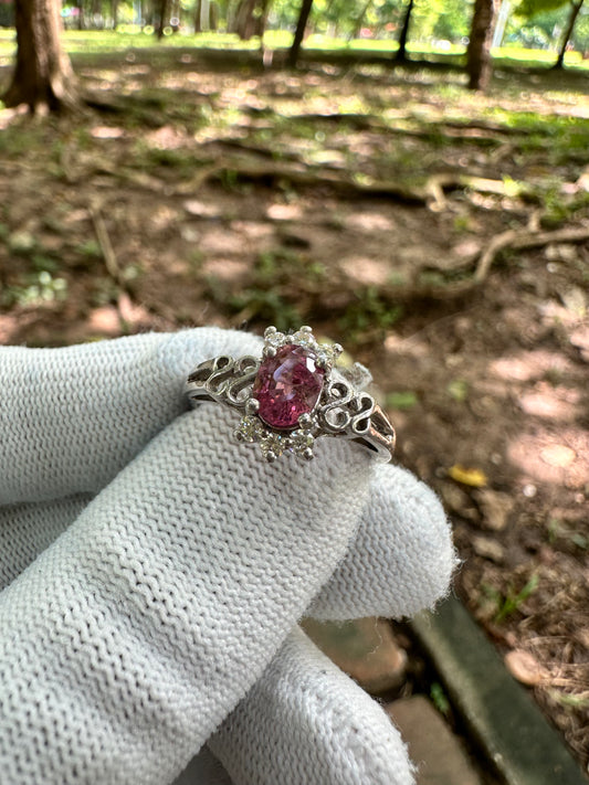 925 Silver Rhodium-Plated Ring with Reddish Pink Afghan Tourmaline and Moissanite Accent