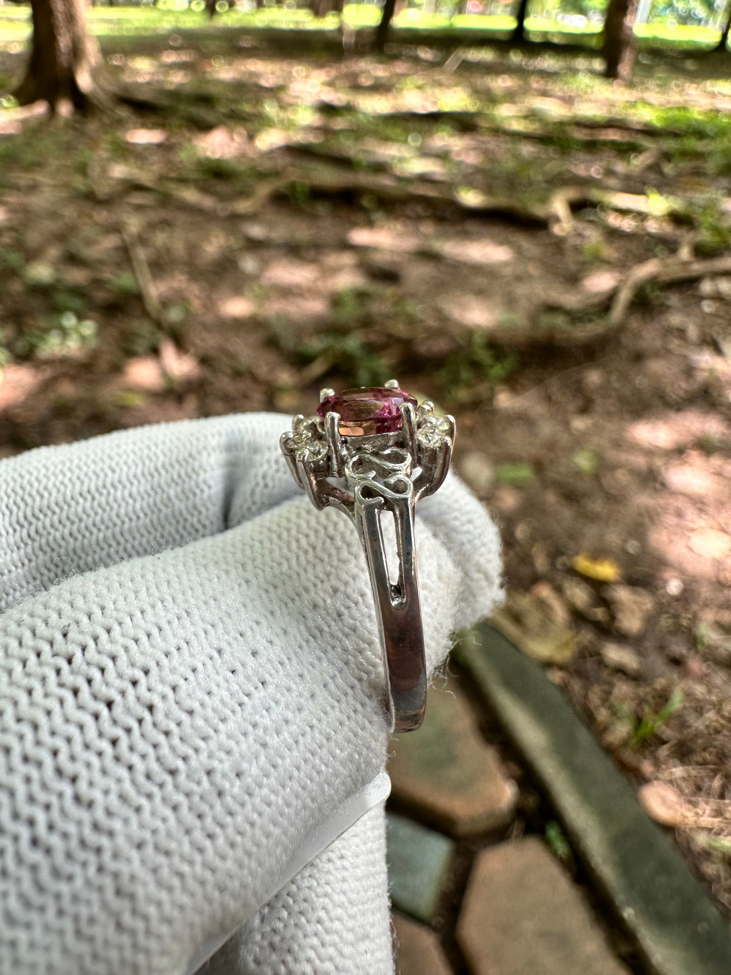 925 Silver Rhodium-Plated Ring with Reddish Pink Afghan Tourmaline and Moissanite Accent