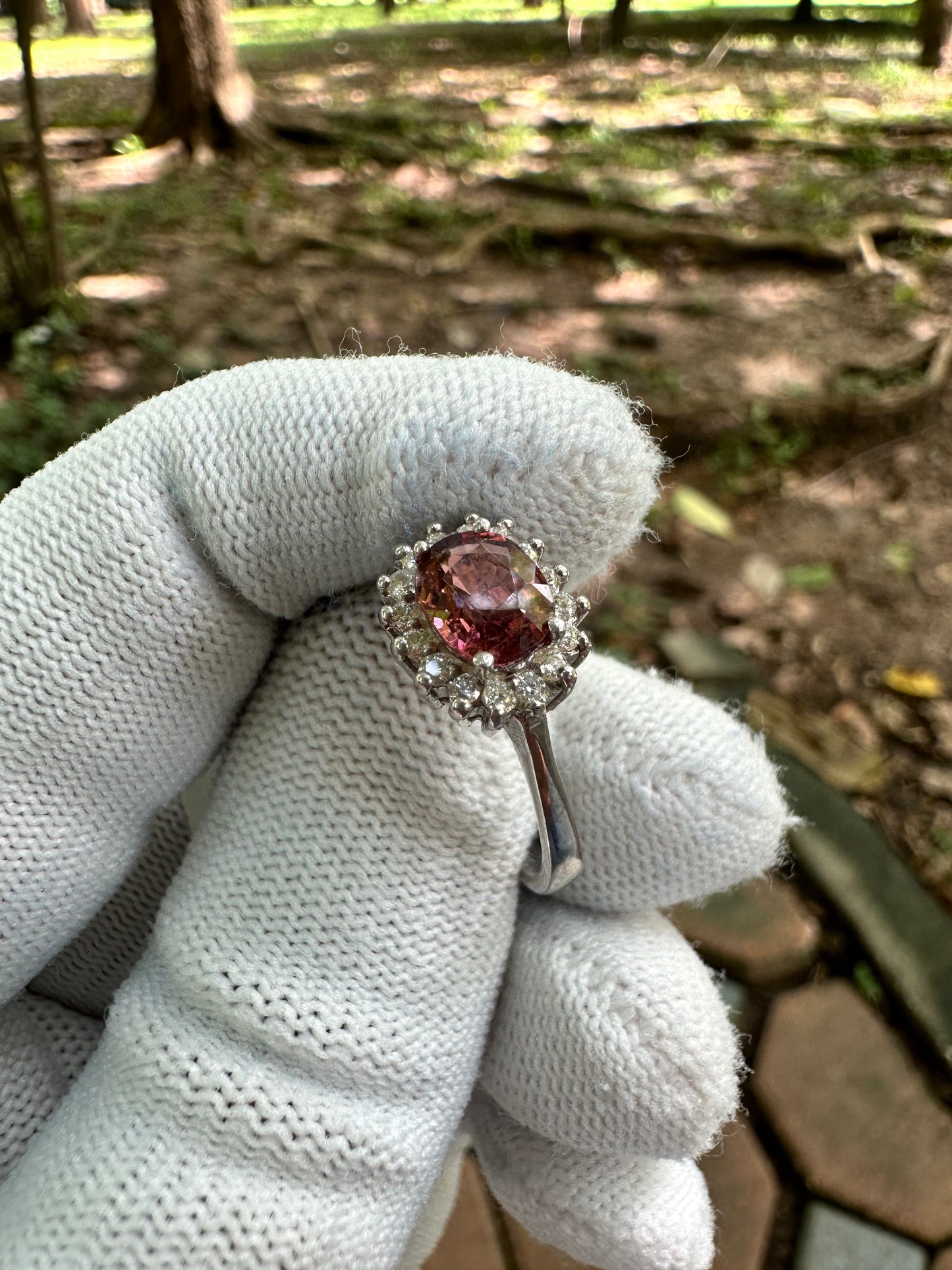 925 Silver Rhodium-Plated Ring with Orangey Pink Afghan Tourmaline and Moissanite Accent