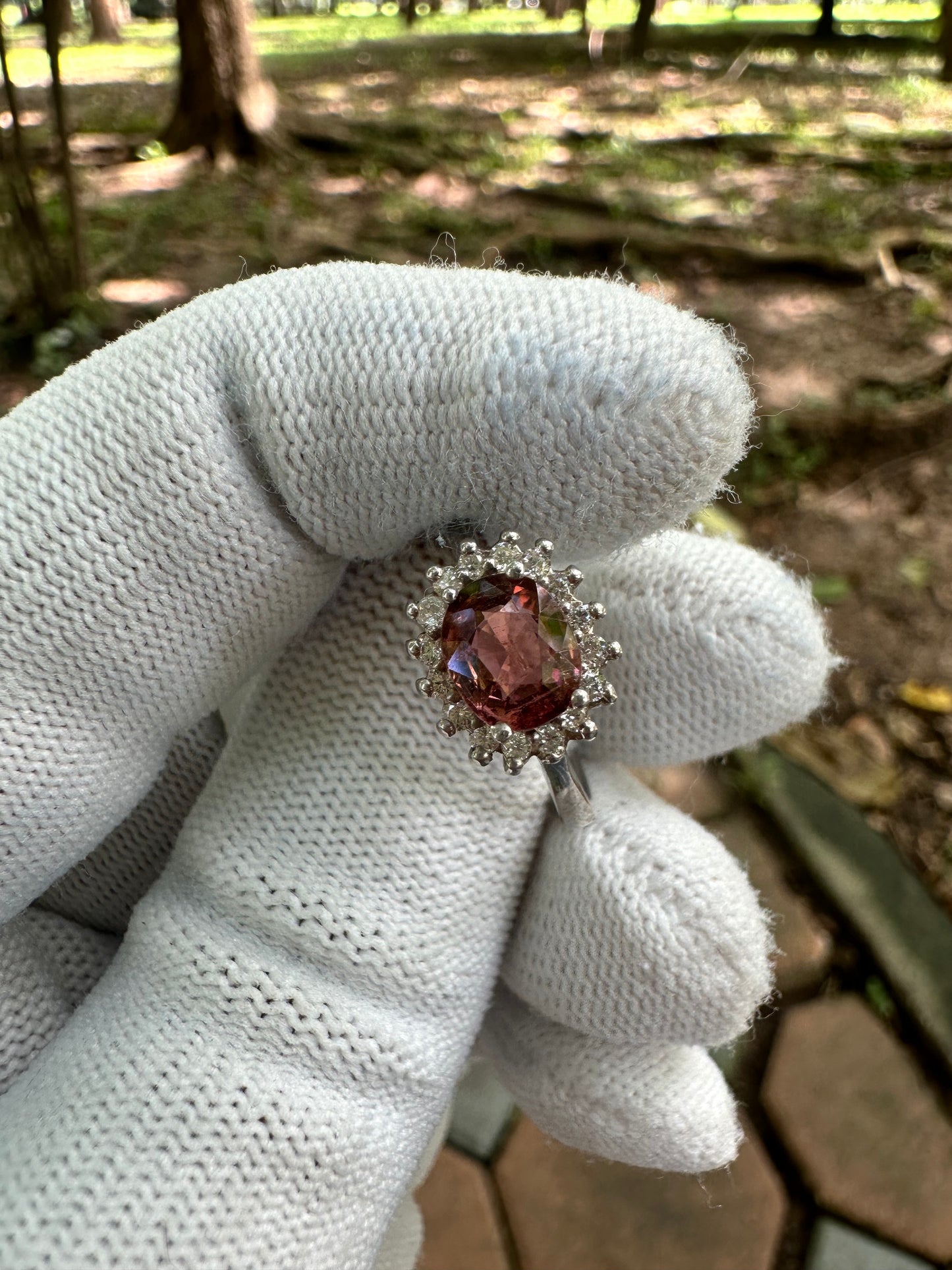 925 Silver Rhodium-Plated Ring with Orangey Pink Afghan Tourmaline and Moissanite Accent