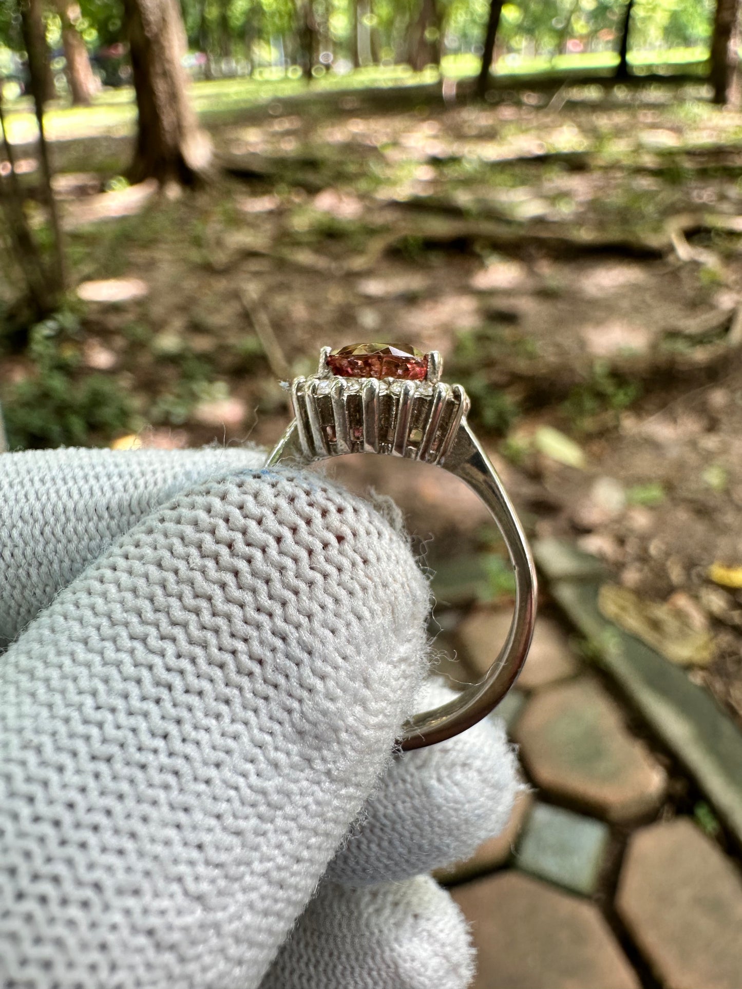 925 Silver Rhodium-Plated Ring with Orangey Pink Afghan Tourmaline and Moissanite Accent