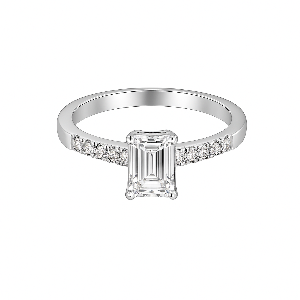 Silver ring with a rectangular diamond and smaller diamonds on a white background