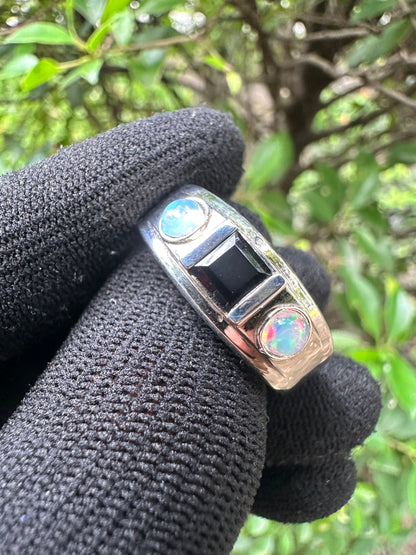 Sterling silver ring with Black Onyx and Opal side stones – elegant gemstone jewellery gift for him