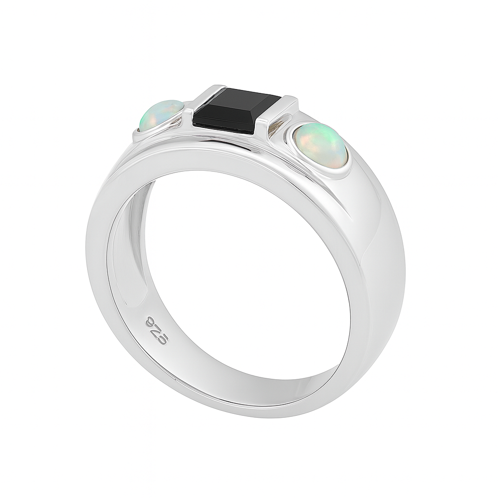 Sterling silver ring with Black Onyx and Opal side stones – elegant gemstone jewellery gift for him