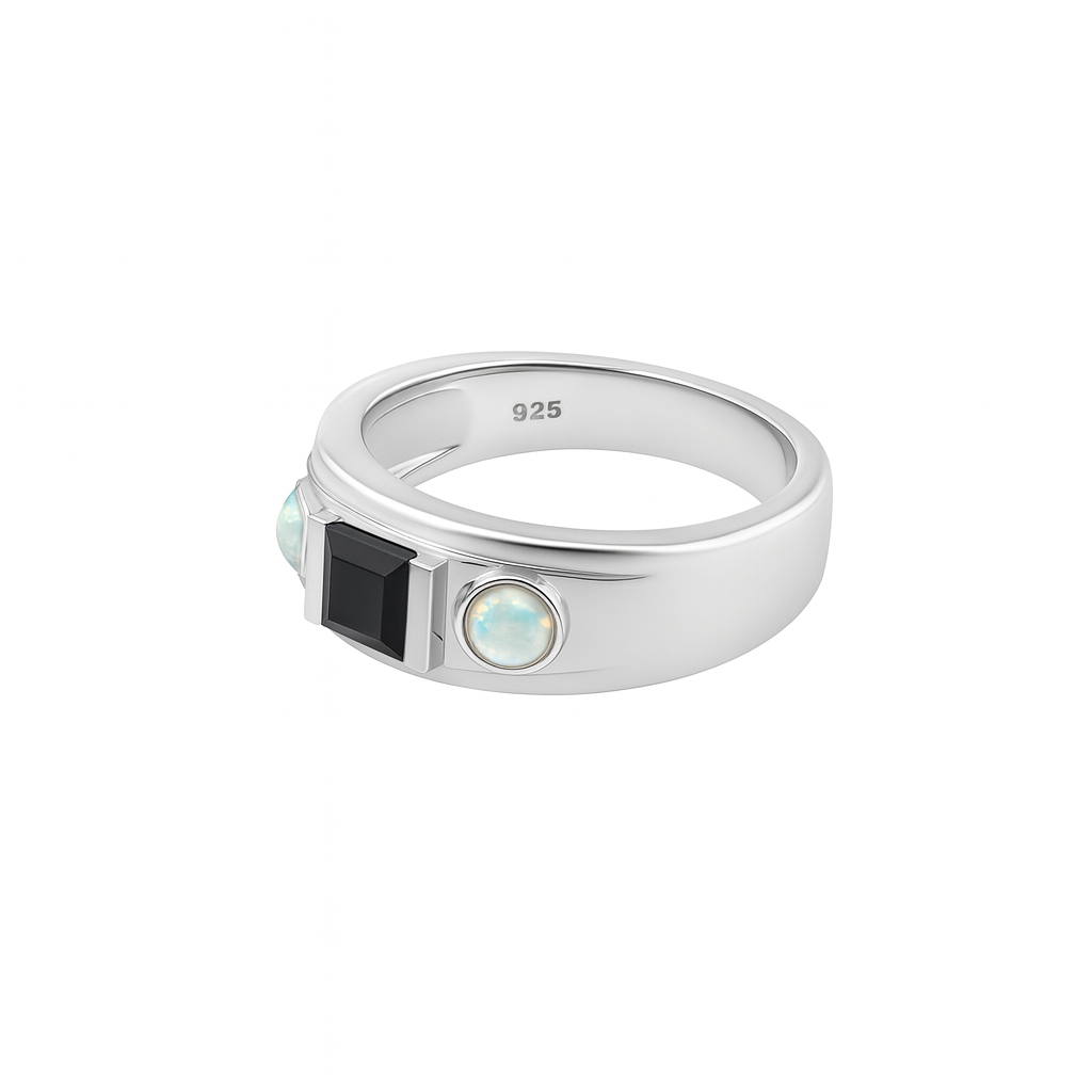 Sterling silver ring with Black Onyx and Opal side stones – elegant gemstone jewellery gift for him