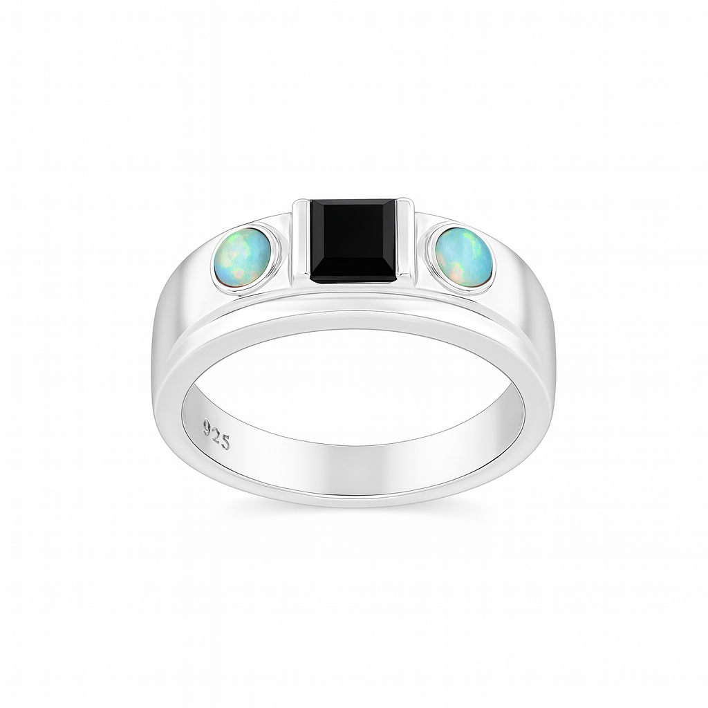 Sterling silver ring with Black Onyx  and Opal side stones – elegant gemstone jewellery gift for him
