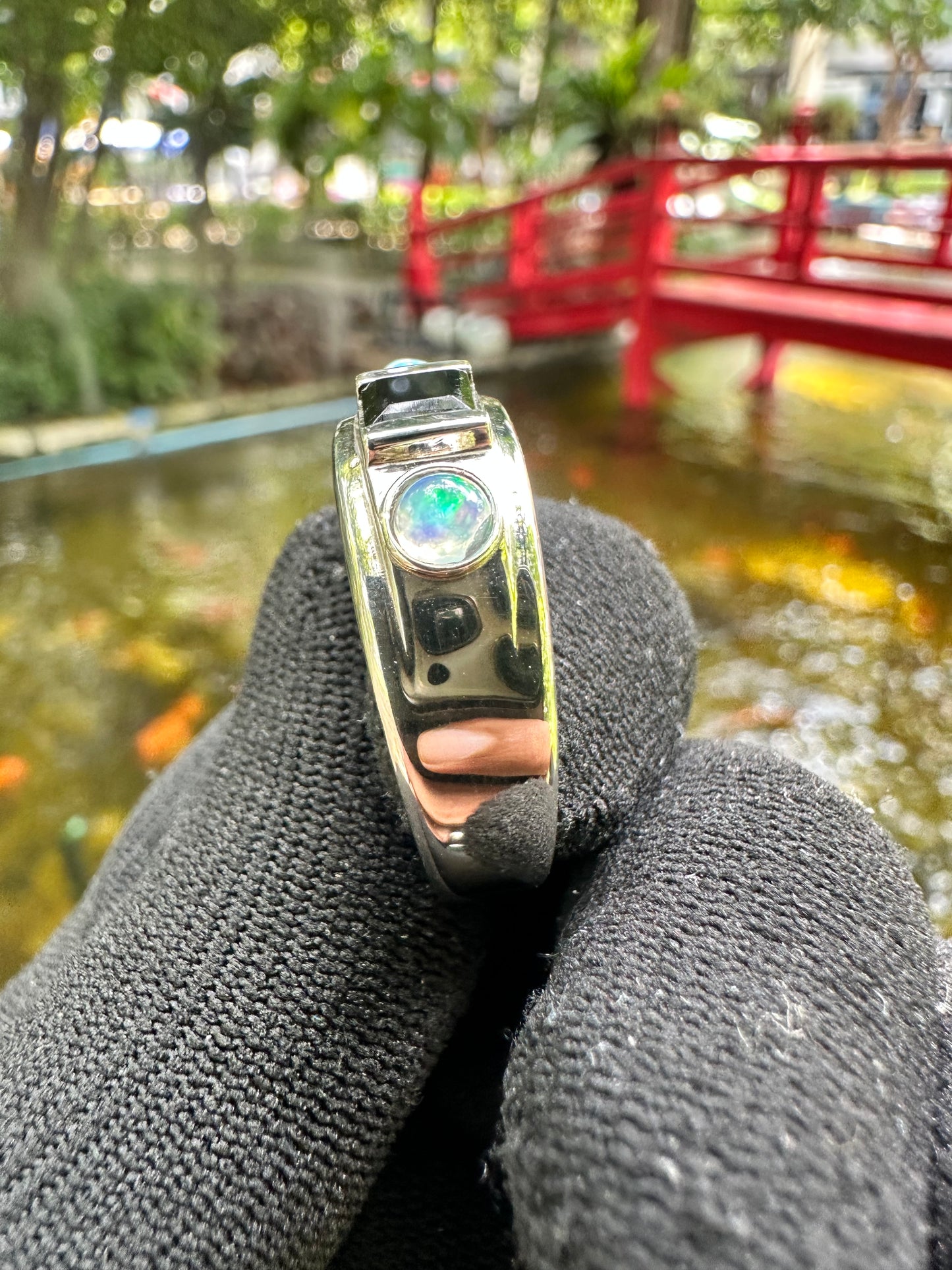 Sterling silver ring with Black Onyx  and Opal side stones – elegant gemstone jewellery gift for him